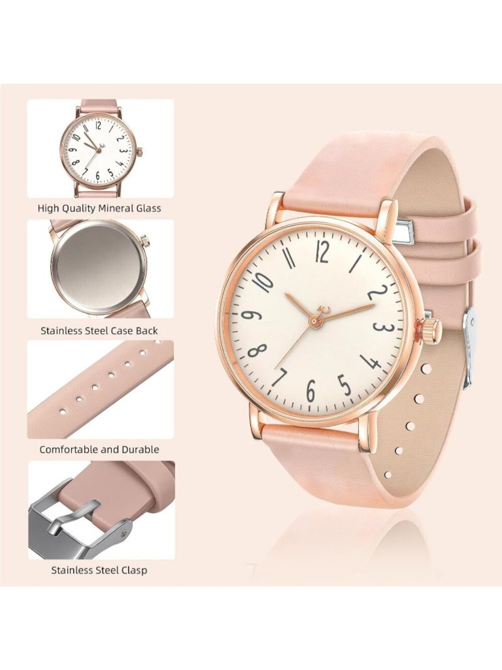 Women's Pink Leather Strap Waterproof Gold Analog Fashion Quartz Wrist Watch